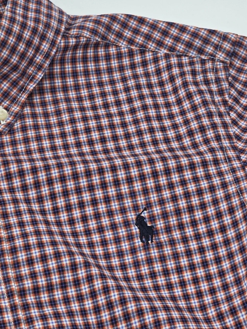 Ralph Lauren boys' navy and orange plaid button down shirt size L